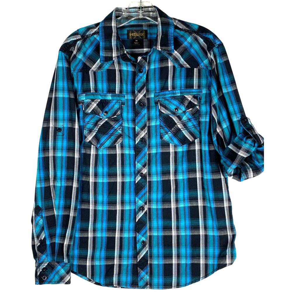 Helix Plaid Button Up Shirt Mens M Blue Athletic Fit Roll Tab Utility Outdoor